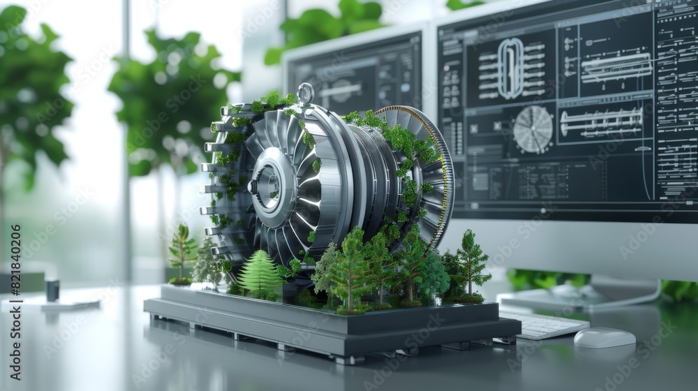 Poster computer cad software mock-up showing design of an industrial sustainable green energy turbine engin