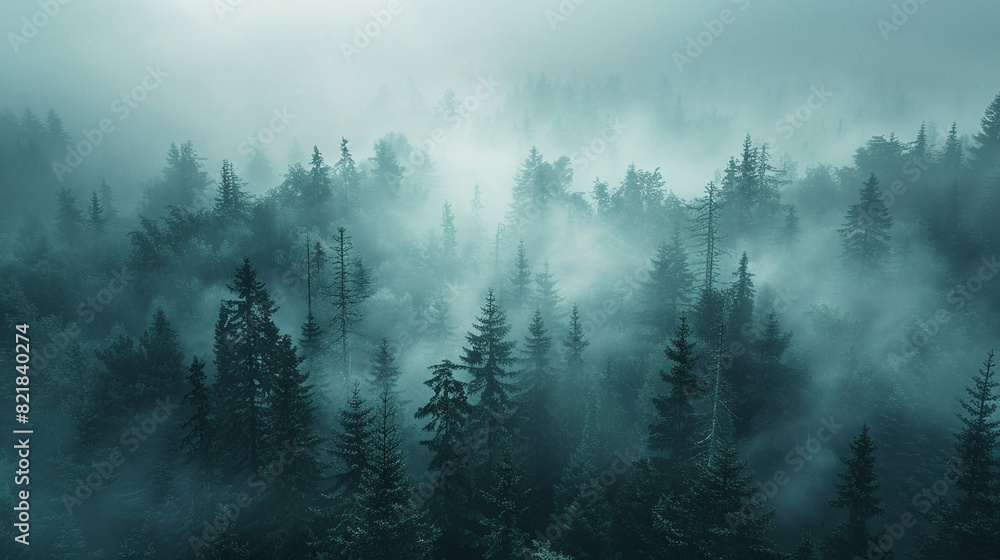 Poster a dense fog rolling through a mysterious forest, obscuring the trees.