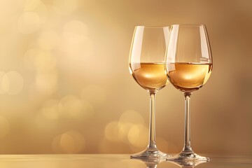 Two glasses of white wine champagne on a shimmering background.