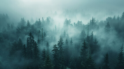 A dense fog rolling through a mysterious forest, obscuring the trees.