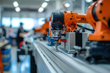 Fototapeta premium A factory floor with a row of orange robots