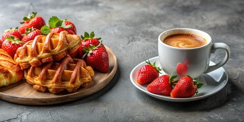 Waffles with Strawberries and Coffee for Breakfast