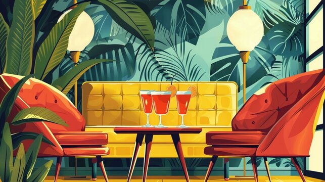 A flyer featuring a retro cocktail party invitation, with elegant illustrations of vintage cocktails