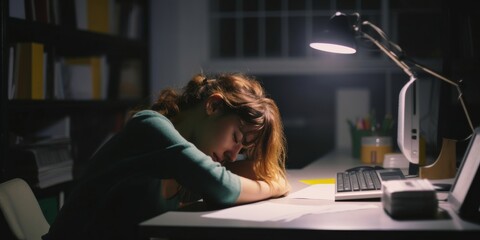 hot of a young businesswoman lying with her head down on her desk while working in an office at night
