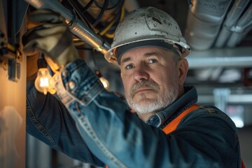 A man in a hard hat is working on a light fixture