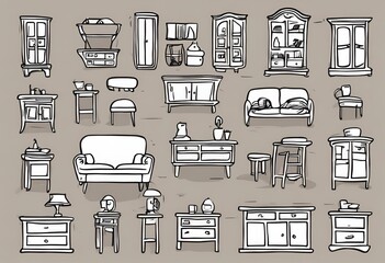 Doodle home furniture icons collection in vector Hand drawn set of doodle home furniture icons in vector.