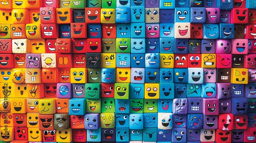 Poster a grid of colorful, pixelated emojis arranged in a mosaic pattern.