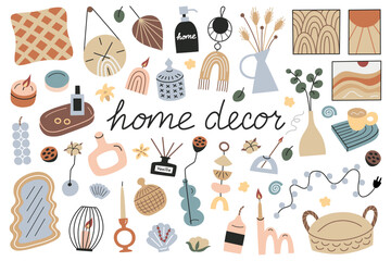 Home decor collection, japandi candles, pillows and vase doodles, vector illustrations of modern interior elements, scandinavian style, trendy accessories set, isolated colored clipart