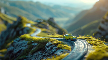 A lime green toy car cruising down a winding mountain road, with breathtaking views of the valley below.