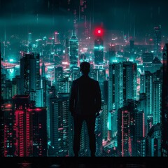 Man Overlooking Futuristic Cityscape at Night