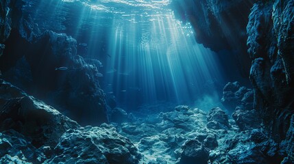 Obraz premium Underwater view of a deep sea canyon with rocks and sun rays through the water surface