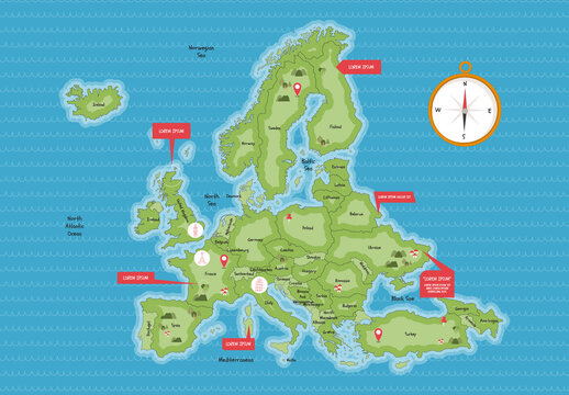 Europe Map Vector Layout in Cute Style	