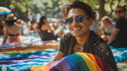 LGBTQ pride picnic, rainbow blankets, diverse group, sunny park, relaxed and happy