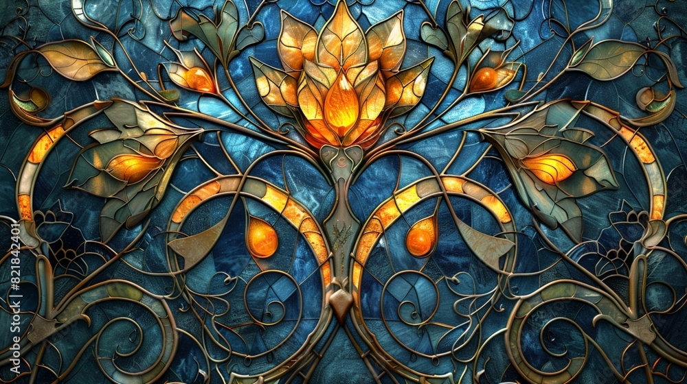 Poster a mesmerizing stained glass window inspired by the art nouveau movement, with sinuous lines and orga