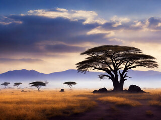 Fototapeta premium 3D render background African Twilight Beautiful landscape image with trees