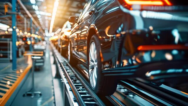 A car production line with cars on the assembly belt in the factory