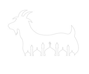 Eid al adha greeting card line art with goat and mosque. One single line drawing of goat and mosque