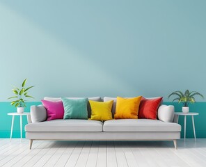 Minimalist interior design of a modern living room with a grey sofa and colorful pillows against a blue wall