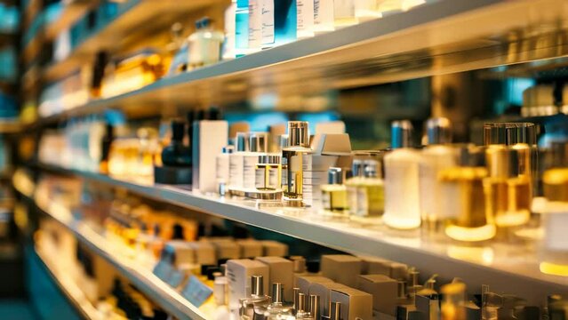 A perfume store with shelves filled with various scents and body care products