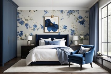 Minimal Master Bedroom Design With Blue Floral Accent Chair