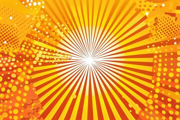 Abstract orange background with halftone dots and rays in the style of pop art