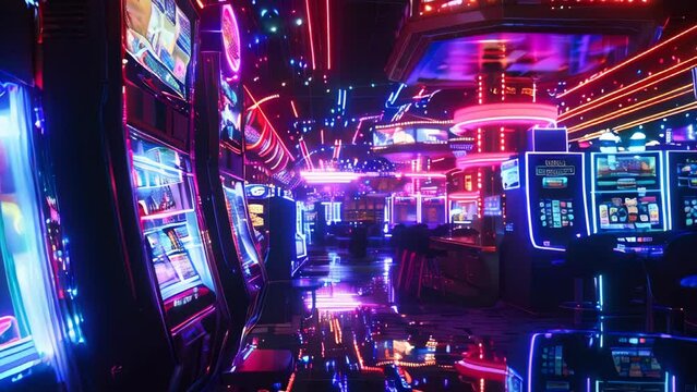A casino with rows of slot machines illuminated by colorful lights