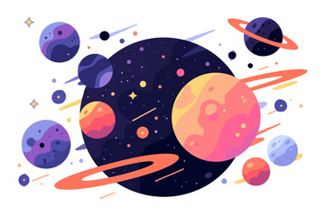 An illustration of colorful planets in space with stars and cosmic elements. Flat vector illustration isolated.