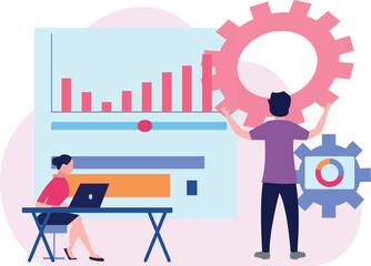 Boy and girl working on business graph setting.