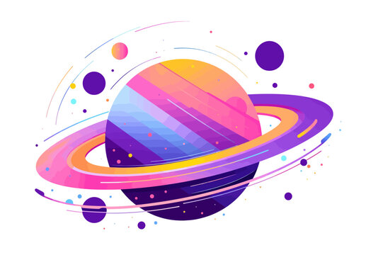 An illustration of a colorful planet with rings and cosmic elements. Flat vector illustration isolated.