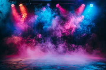 Obraz premium Stage light with colored spotlights and smoke Concert and theatre dark scene 