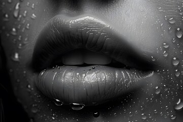 Obraz premium Close-Up of Wet Lips in Black and White Conceptual Beauty Art for Poster or Print Design