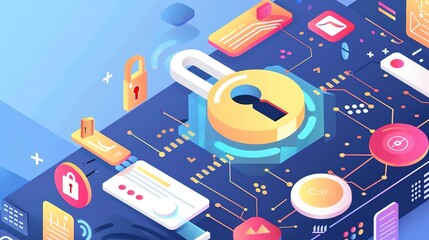 Isometric illustration of a circuit board with a yellow lock. The lock is in the center of the image and there are a number of electronic components arranged around it.