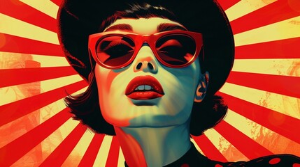 A retro-inspired pop art portrayal of a woman in sunglasses and a beret, with exaggerated features and bold, graphic shapes, capturing the essence of 1960s glamour.
