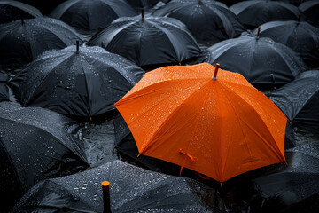 Stand Out in a Crowd A Lone Orange Umbrella Among Black Ones 