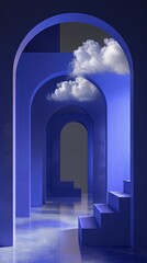 Fototapeta premium Ethereal blue archway with floating clouds and ascending staircase