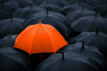 Stand Out in a Crowd A Lone Orange Umbrella Among Black Ones 