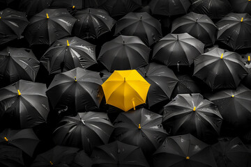 Stand Out in the Crowd - A Lone Yellow Umbrella Among Many Black Ones 