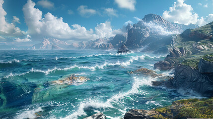 A rocky coastline with waves crashing against rugged cliffs.
