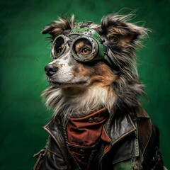 Photo of Realistic Australian Sheperd Wearing Steampunk Clothes and Glasses. Abstract concept. A dog stand and posing like a human. Studio composition.