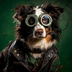 Photo of Realistic Australian Sheperd Wearing Steampunk Clothes and Glasses. Abstract concept. A dog stand and posing like a human. Studio composition.