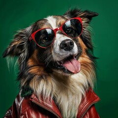 Photo of Realistic Australian Sheperd Wearing Red Leather Jacket and SunGlasses. Abstract concept. A dog stand and posing like a human. Studio composition.