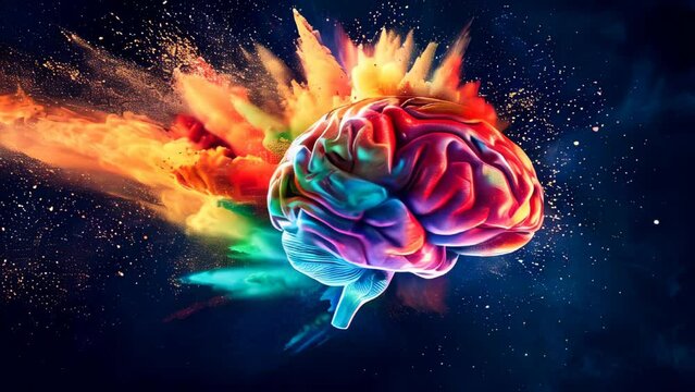 A colorful human brain with exploding color dust against a dark background. Brilliant ideas concept.