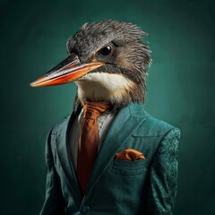 Photo of Realistic Kingfisher Wearing Green Costume. Abstract concept. A bird stand and posing like a human. Studio composition.