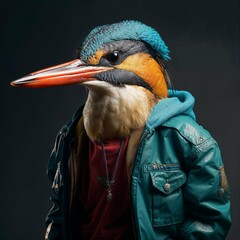 Photo of Realistic Kingfisher Wearing Green Jacket. Abstract concept. A bird stand and posing like a human. Studio composition.