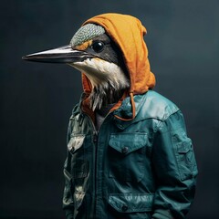 Photo of Realistic Kingfisher Wearing Green Jacket. Abstract concept. A bird stand and posing like a human. Studio composition.