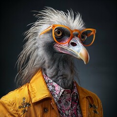 Photo of Realistic Vulture Wearing Yellow Jacket, Yellow Glasses and White and Pink Shirt. Abstract concept. A bird stand and posing like a human. Studio composition.