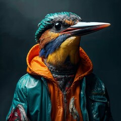 Photo of Realistic Kingfisher Wearing Green and Orange Jacket. Abstract concept. A bird stand and posing like a human. Studio composition.