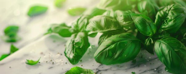 Close-up of fresh green basil leaves on a marble table. The basil leaves are wet and glistening in the light.