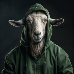 Photo of Realistic Goat Wearing Green Sweater. Abstract concept. A goat stand and posing like a human. Studio composition.