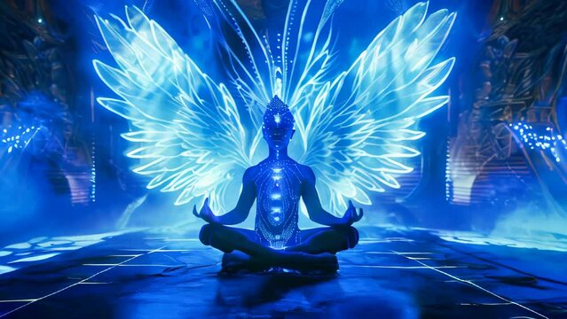 A meditating being with wings and a chakra system glowing
